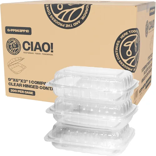 Vista 20 de CIAO! Contenedor negro con bisagras MFPP de 6"x6"x3" con tapa, 1 compartimento (caja de 300)