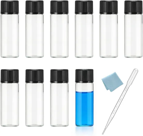 Vista 8 de 10 botellas de vidrio ámbar de 0.17 onzas líquidas con reductor de orificio y tapa de rosca para aceite esencial, perfume, líquido, viales