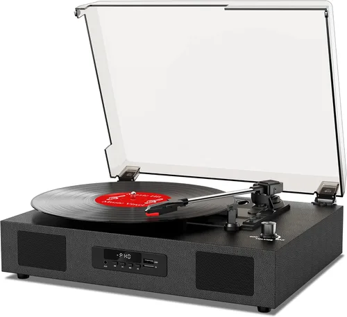 Vista 12 de Tocadiscos de vinilo Bluetooth con dos altavoces incorporados, grabación USB, transmisión por correa, 3 velocidades, tocadiscos para discos