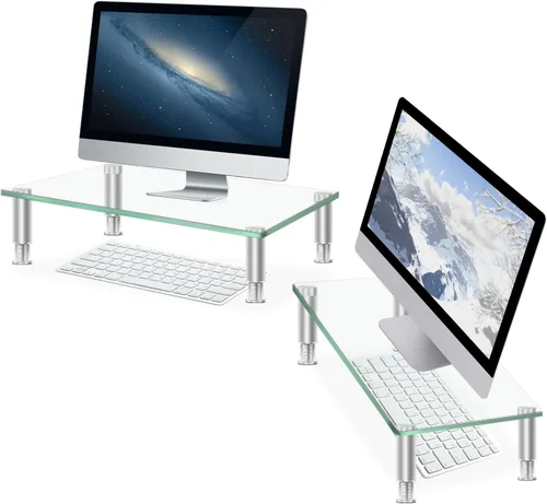 Vista 8 de Elevador de monitor de vidrio templado con altura ajustable, 2 soportes de monitor para escritorio, computadora, laptop, TV, organización