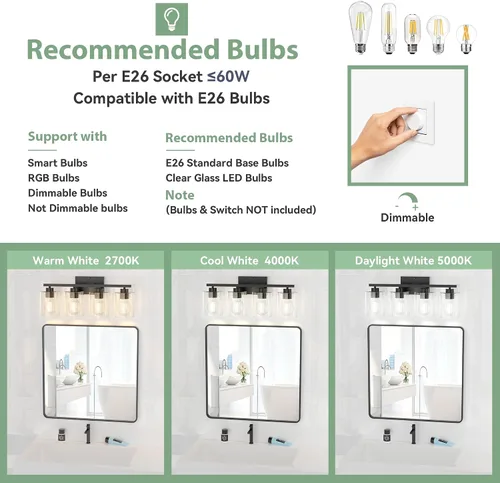 Vista 5 de Honesorn Lámparas de baño de 4 luces, luz de tocador de baño, color negro mate, accesorios de iluminación modernos con pantalla de vidrio
