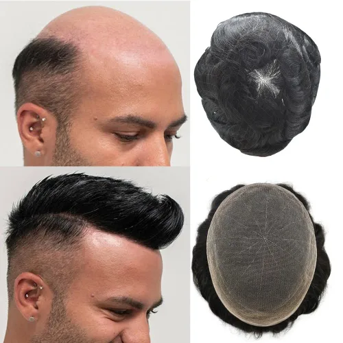 Vista 46 de PUNRU HAIR Completo Swiss Lace Toupee para hombres Sistema de cabello humano real Sistema de reemplazo de cabello humano para hombre Toupee