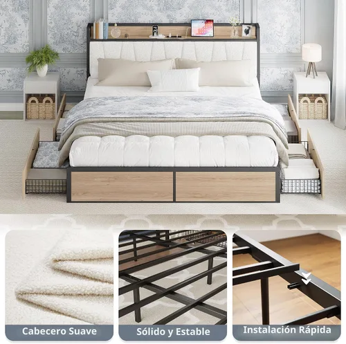 Vista 5 de LIKIMIO - Armazón de cama tamaño King con 4 cajones de almacenamiento, cama de plataforma con cabecera tapizada, resistente y estable, sin ruido,