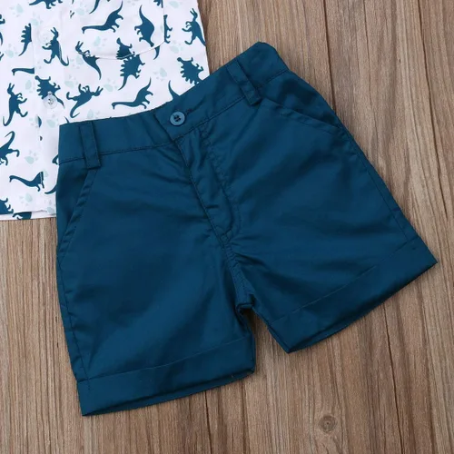 Vista 5 de Conjunto de camisa de manga corta con botones y pantalones cortos casuales con diseño de flamingo, para bebés y niños de 1 a 6 años, atuendos