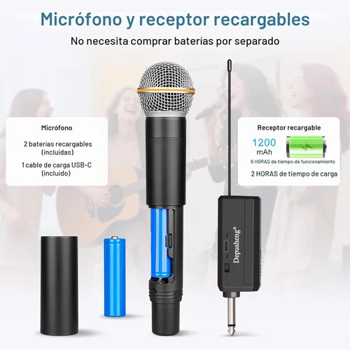 Vista 5 de Depusheng Micrófono inalámbrico, micrófono recargable, micrófono inalámbrico dinámico de mano para cantar karaoke, boda, DJ, fiesta, discurso