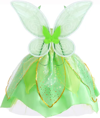Vista 5 de Disfraz de hada de flores, conjunto de disfraz de princesa para niñas, Tinker Bell ropa para Halloween, disfraz de cosplay con ala, verde