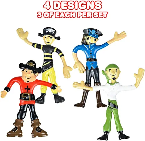 Vista 5 de ArtCreativity Figuras de pirata flexibles, juego de 12 figuras flexibles de juguete pirata para niños, divertidos recuerdos de fiesta y bolsas