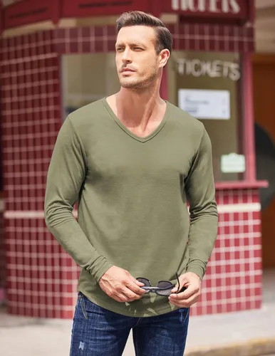 Vista 4 de COOFANDY Paquete de 2 camisetas de manga larga con cuello en V para hombre, ajuste atlético