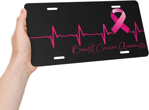 Vista 3 de Placa de matrícula de aluminio con cinta rosa de concientización para sobrevivientes de cáncer de mama, 6 x 12 pulgadas, cubierta de metal para Azul