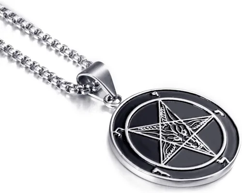 Vista 4 de ELFASIO Collar de cabra Baphomet con pentagrama invertido para hombre, sigil de Lucifer Satanás, símbolo satánico, Samael Lilith, cadena colgante