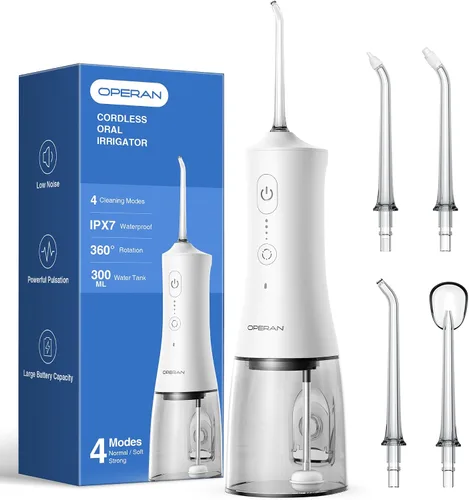 Vista 10 de Operan Irrigador dental de agua inalámbrico de 10.1 fl oz, irrigador dental portátil para dientes, 4 modos de pulso, IPX7, irrigador oral