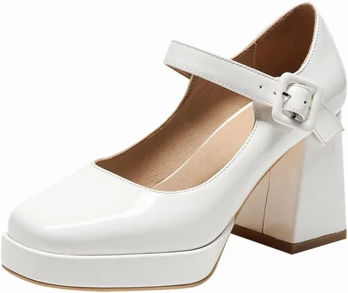 Vista 9 de Zapatos de tacón grueso con plataforma para mujer, punta cuadrada, Mary Janes pumps de tacón de bloque Negro