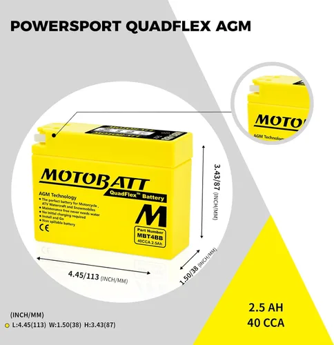 Vista 4 de MotoBatt MBT4BB (12V 2,5 Amp) batería AGM 40CCA activada de fábrica QuadFlex