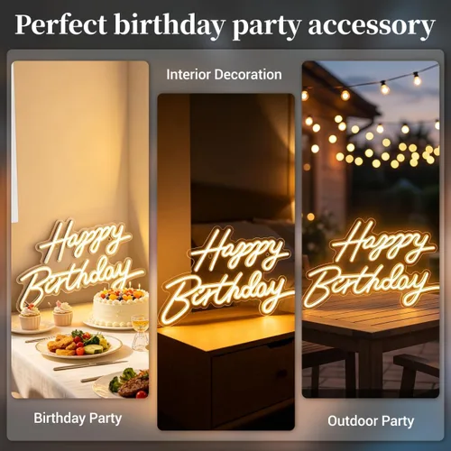 Vista 6 de Toddmomy Letrero de cumpleaños de neón de 17.51 x 10.23 pulgadas, alimentado por USB, letras LED iluminadas con luz blanca cálida para decoración