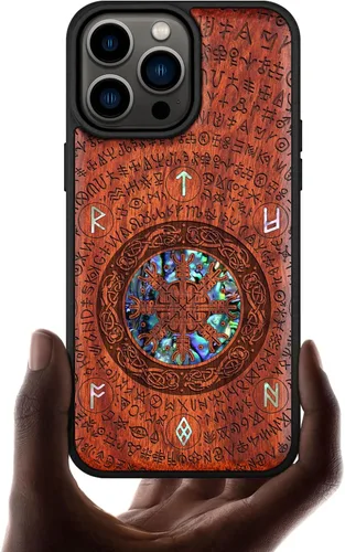 Vista 13 de Carveit Funda magnética de madera de diseñador para iPhone 14 Pro Max, grabado en madera e incrustaciones de concha, funda de madera única