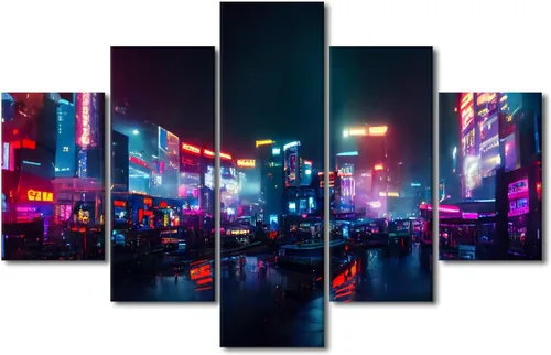 Vista 35 de Póster de 5 paneles en lienzo para decoración de pared, diseño de centro urbano Cyberpunk, impresión moderna, decoración de pared para el hogar