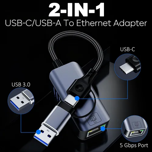 Vista 2 de Adaptador USB C a Ethernet de 5 Gbps, USB-A y USB-C a RJ45 LAN 5000 Mbps convertidor de red con cable, adaptador USB a Ethernet compatible