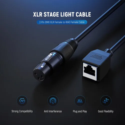 Vista 6 de Neewer Cable DMX XLR hembra de 3 pines a RJ45 hembra, paquete de 2 conectores adaptadores RJ45 a 3 pines XLR solo tubo TL60 RGB varita de luz