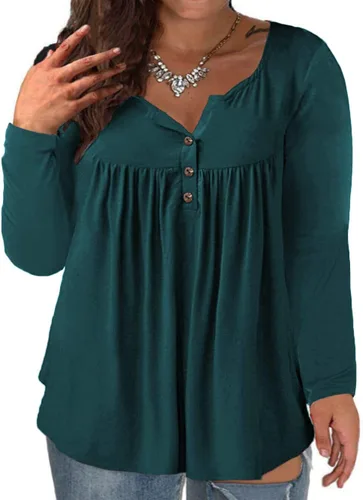Vista 11 de VISLILY - Camisas tipo túnica de mujer, de manga larga, estilo Henley, talla plus, blusas con botones y plisadas 01_ negro