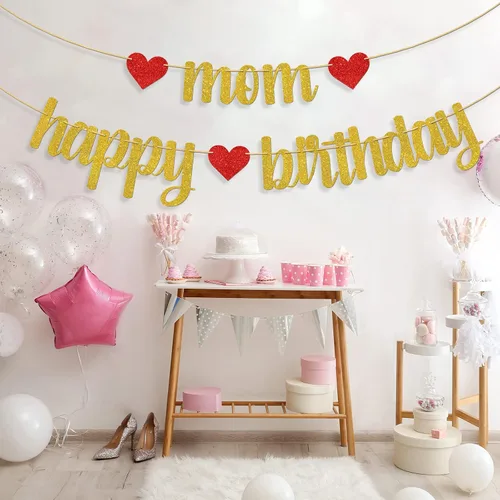 Vista 6 de Cartel de feliz cumpleaños con texto en inglés "Mom Happy Birthday", decoraciones para fiesta de cumpleaños de las mujeres, suministros de fiesta
