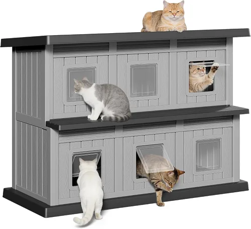 Vista 14 de Casa de gato resistente a la intemperie para exteriores, casa para gatos al aire libre para múltiples gatos, refugio de resina de doble piso