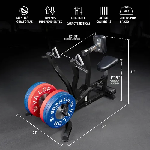 Vista 2 de Valor Fitness Máquina de remo sentada - Placa cargada con brazos convergentes y asas de agarre múltiple, capacidad de 400 libras, adaptadores