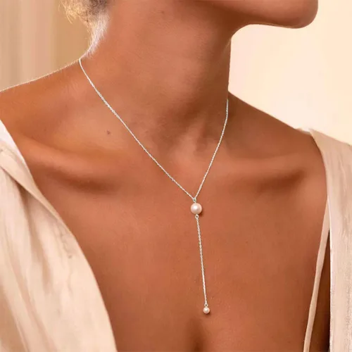 Vista 3 de Collares de perlas de plata para mujer, chapado en oro de 14 quilates, delicado, simple, gargantilla de gota en Y, collar de perlas blancas