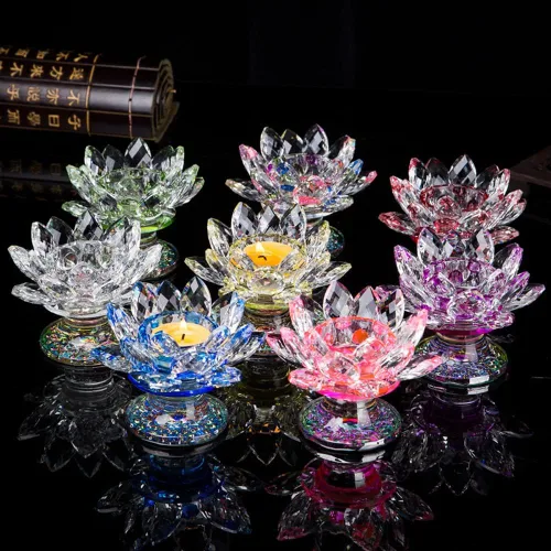 Vista 8 de Portavelas de loto de cristal, portavelas de flor de loto, soporte para velas votivas de pétalos de loto con base de cristal, candelabro de loto