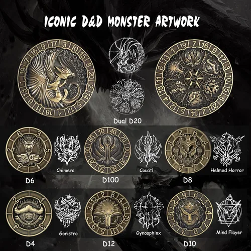 Vista 4 de DNDND Dados Giratorios 8 en 1 con Doble D20 – Juego de Dados Hexagonales de Metal con Temática de Monstruos D&D para TTRPG Dungeons and Dragons