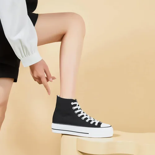 Vista 9 de POVOGER Zapatos deportivos de plataforma para mujer, zapatos de lona altos de moda, zapatos de plataforma blancos para mujer, zapatos casuales