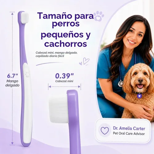 Vista 5 de Cepillo de dientes para perros pequeños – Mini cabezal de cepillo de 0.39 pulgadas, mango curvo, cerdas suaves, parte trasera de goma doble, kit