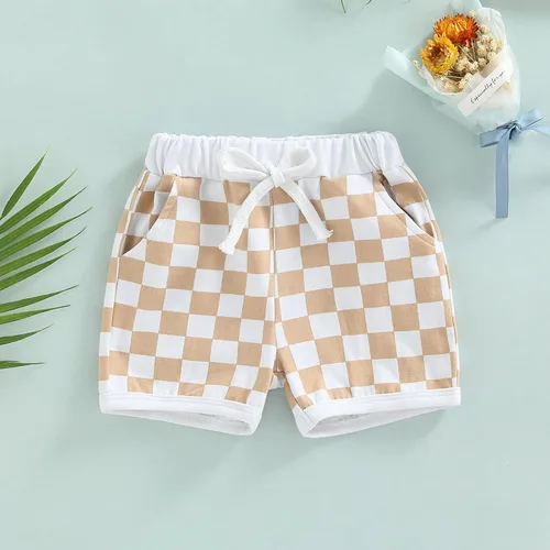 Vista 2 de Pantalones cortos de verano para bebé, con estampado a cuadros, de algodón, casuales, cintura elástica, pantalones cortos para correr