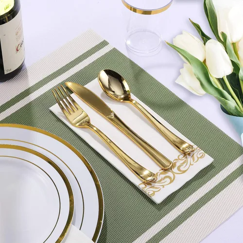 Vista 3 de FOCUSLINE Juego de vajilla dorada de 175 piezas para 25 invitados - Platos desechables de plástico blanco con borde dorado resistente, incluye 25