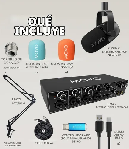 Vista 8 de Movo Paquete de equipos de podcast para 4 personas - Interfaz de audio USB de 4 canales, 4 micrófonos dinámicos CastMic, 4 brazos Boom - Kit