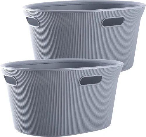 Vista 21 de Superio Colección acanalada - Cesto decorativo de plástico para ropa sucia con tapa y asas recortadas, azul (1 paquete) Organizador de cesta
