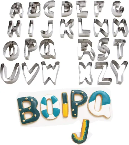 Vista 9 de Juego de 26 piezas de cortador de galletas del alfabeto grande (A - Z), herramientas de decoración de acero inoxidable, cortador de fondant de letras