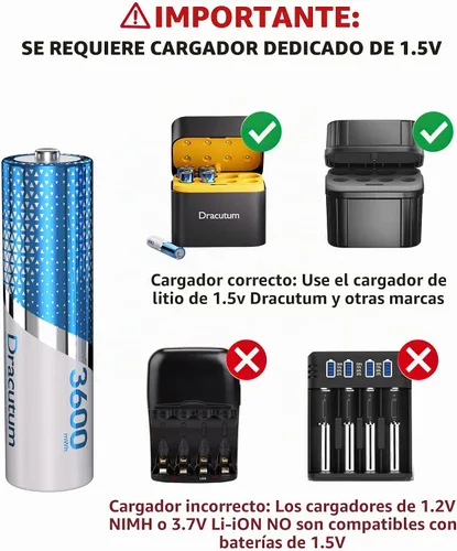 Vista 2 de Paquete de 8 baterías AA recargables de 1,5 V de litio de 3600 mWh