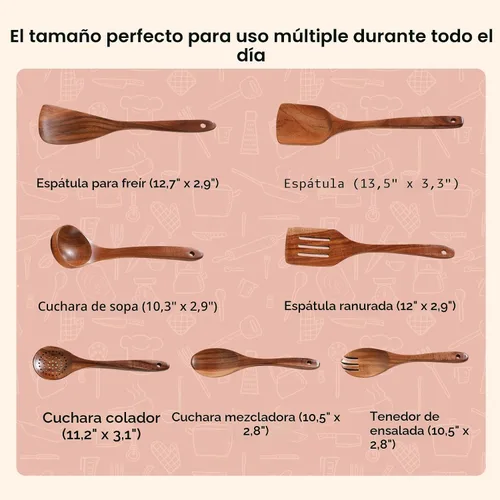 Vista 4 de Cucharas de Madera para Cocinar - Juego de 7 Piezas de Utensilios de Cocina de Madera, Juego de Utensilios de Madera de Teca Natural Suave