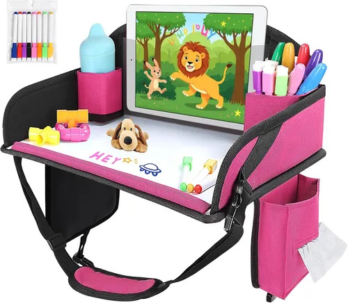 Vista 16 de 2 piezas Bandeja de viaje para niños, bandeja para asiento de coche para niños Viaje, Esenciales de viaje en carretera para niños con kit de dibujo