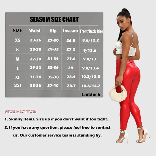 Vista 6 de SEASUM - Leggings de cuero sintético para mujer, pantalones elásticos, de cintura alta y realce de glúteos, pantalones sexis color negro