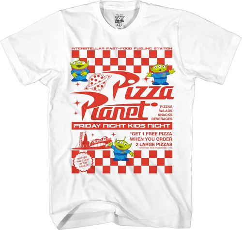 Vista 2 de Disney Pixar Toy Story Pizza Planet Take Out Flyer Disneyland World Tee Funny Humor Camiseta gráfica para hombre