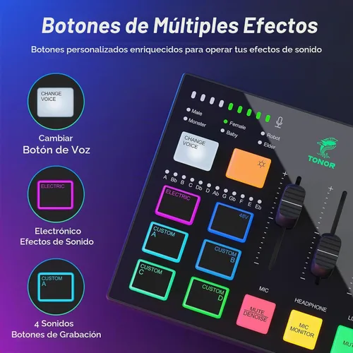 Vista 5 de TONOR Set de interfaz de audio y micrófono, paquete de equipo de podcast, mezclador de audio USB con RGB, micrófono dinámico XLR con calidad
