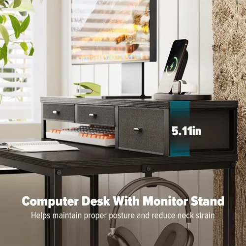 Vista 4 de SINPAID Escritorio para computadora de 47 pulgadas con estante para impresora, escritorio de juegos con soporte para monitor y cajones, escritorio