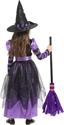 Vista 4 de Witch Costume Girls Halloween Witch Dress Costumes Kids Deluxe Witch Hat Broomstick Halloween Candy Bags Fancy Dress Up Party