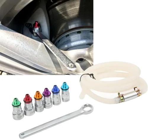 Vista 3 de Kit de llave de purga de frenos con 6 adaptadores, goma metálica, universal para automóvil, SUV, camión ligero, motocicleta, 0.27-0.47 pulgadas