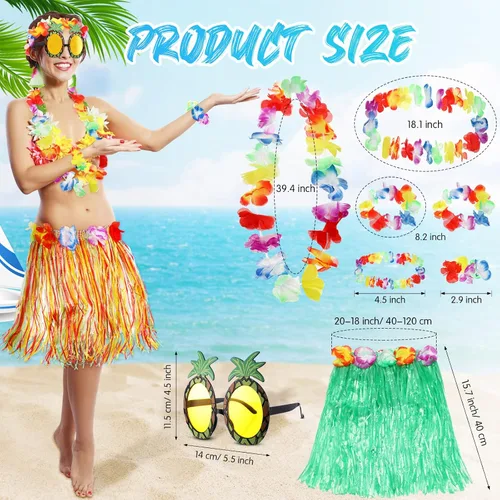 Vista 3 de Paquete de 10 accesorios de disfraz de falda hula hawaiana, faldas de hierba hawaiana para fiesta Luau, diadema hawaiana, flores, collar, pulseras