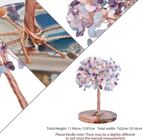 Vista 4 de SUNYIK Juego de árbol de dinero de cristal hecho a mano sobre base de rodajas de ágata orgánica, árbol de la vida curativo de cristales de chakras