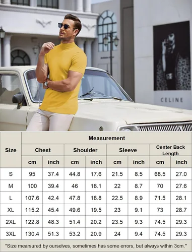Vista 6 de COOFANDY Suéter de cuello alto falso para hombre, de manga corta, color sólido, básico, ajustado, de punto