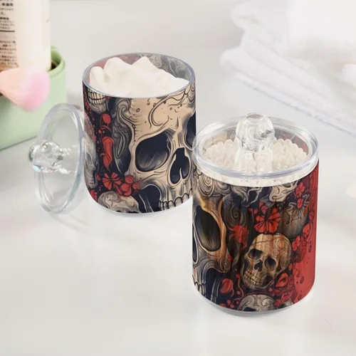 Vista 5 de Vnurnrn Qtip - Dispensador de bolas de algodón con tapa, estampado de corazones y calaveras, tarros de plástico, recipientes de baño, organizador