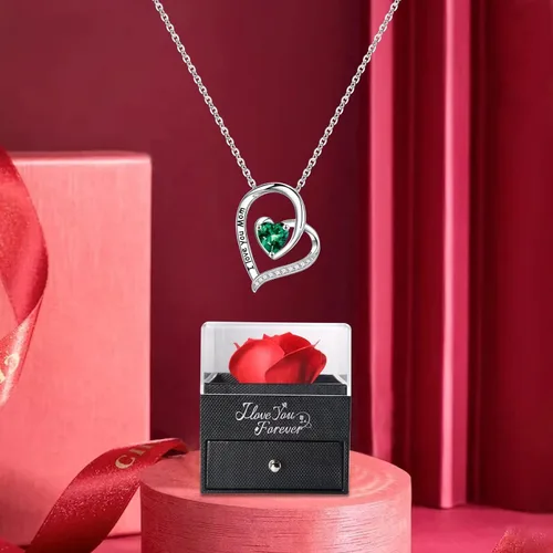 Vista 6 de Collar de rosa roja preservada con mamá, collar de piedra natal de corazón de rosa encantada eterna, regalo de cumpleaños para mamá de hija, hijo